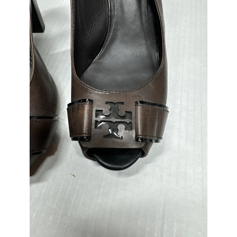 Tory Burch High Heel Dress Sandal Peep‎ Toe Slingback Brown Pump Heel Size 8
